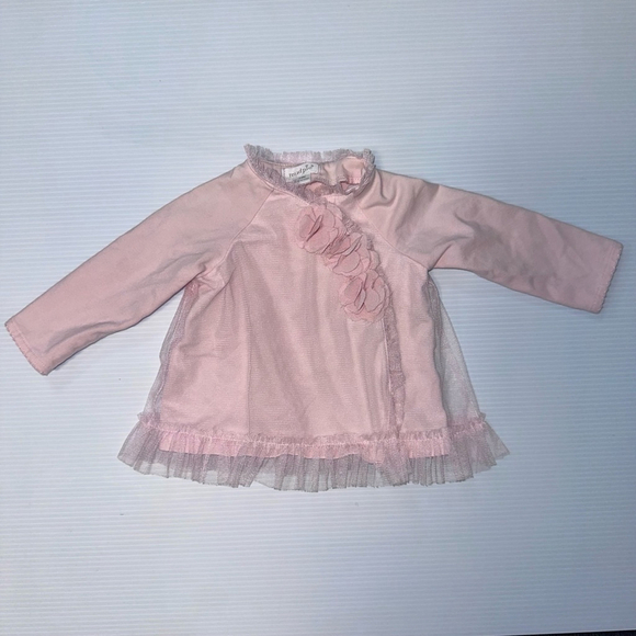 Girl Mud Pie Blouse 3-6M Pink ruffle baby flowers fancy tulle embellishment - Picture 9 of 9